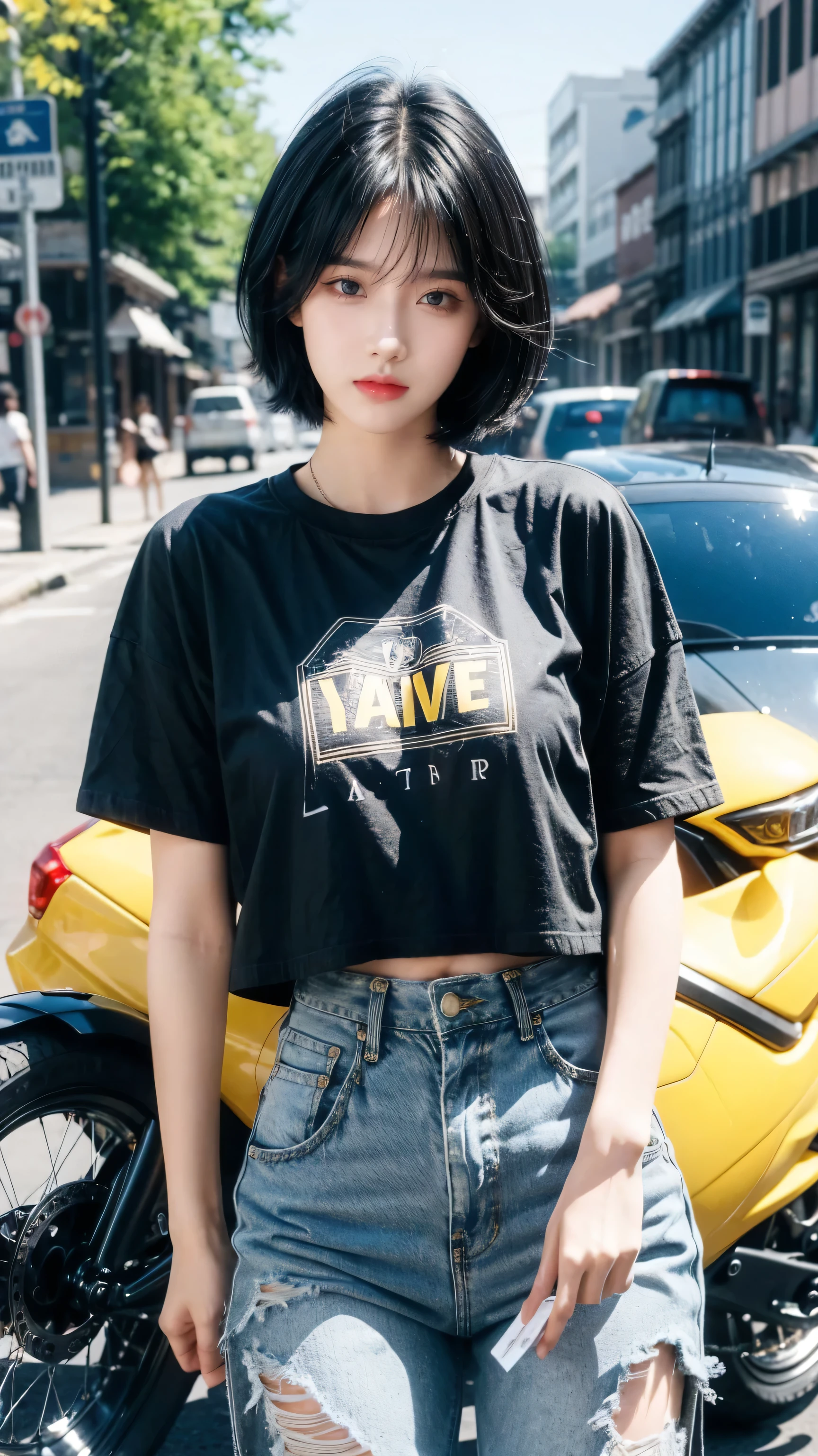 best quality, 1 Girl, Dark blue hair, black eyes, Very short hair, Spiky hair, oversize t-shirt, High waist short jeans, 171 cm, Messy hair, Hair between the eyes, Medium breasts, full, Tomboy, aldult, 20 years old, 1 Girl near yellow motorcycle
