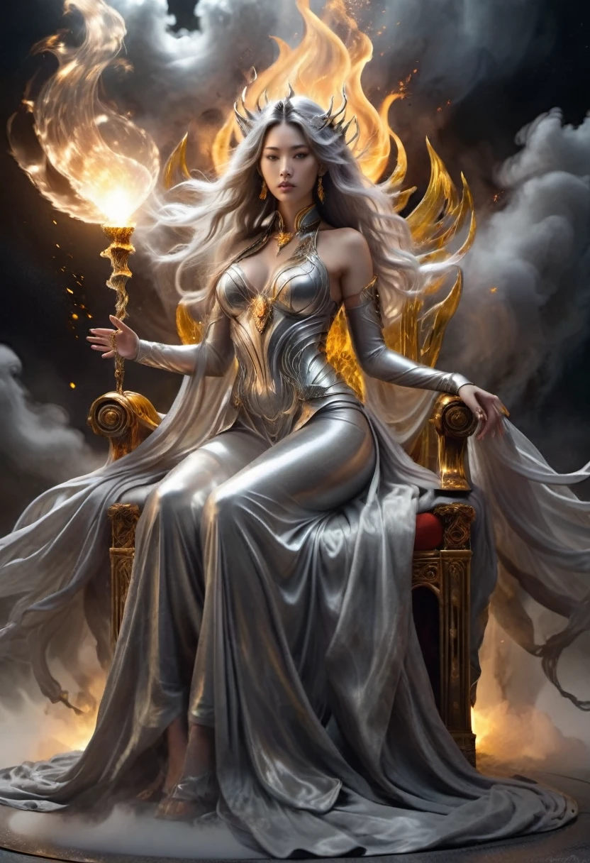 Female wolf about 25 years old with white fur and waist-length bushy hair, with a very erotic body with many curves, with very huge tits and very large and marked hips, If your skin is white and your eyes are lilac, She has a white dress with gold, healer-style priestess naked breasts., In his right hand he carries a golden staff with a ring at the top that emanates a golden aura..