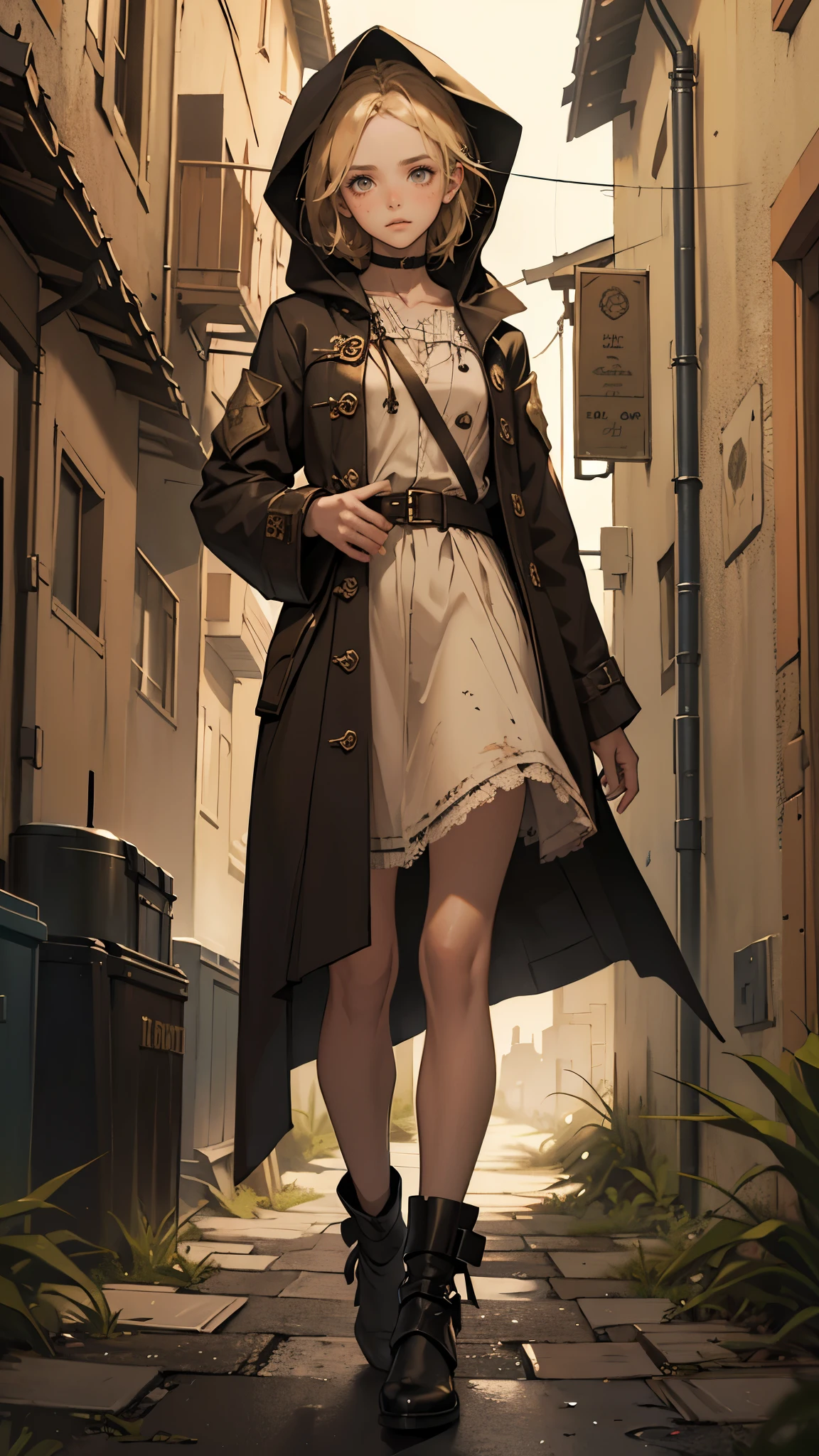 masterpiece, ultra detailed, 8K Portrait, Raw photo, a portrait photo of girl, Highly detailed face, beautiful and meticulous eyes, ((Fantasy)), 10 year old, young girl with golden hair little bearー, little, dark blonde short hair, brown eyes, Kind face, skinny, (dirty and tattered clothes), dirty and tattered hooded long coat Fluttering in the wind, ((bare foots)), Midday Sun, Hyper realistic, in a medieval back alley, Ambient lighting, Shadow details , strong breeze, Light fog