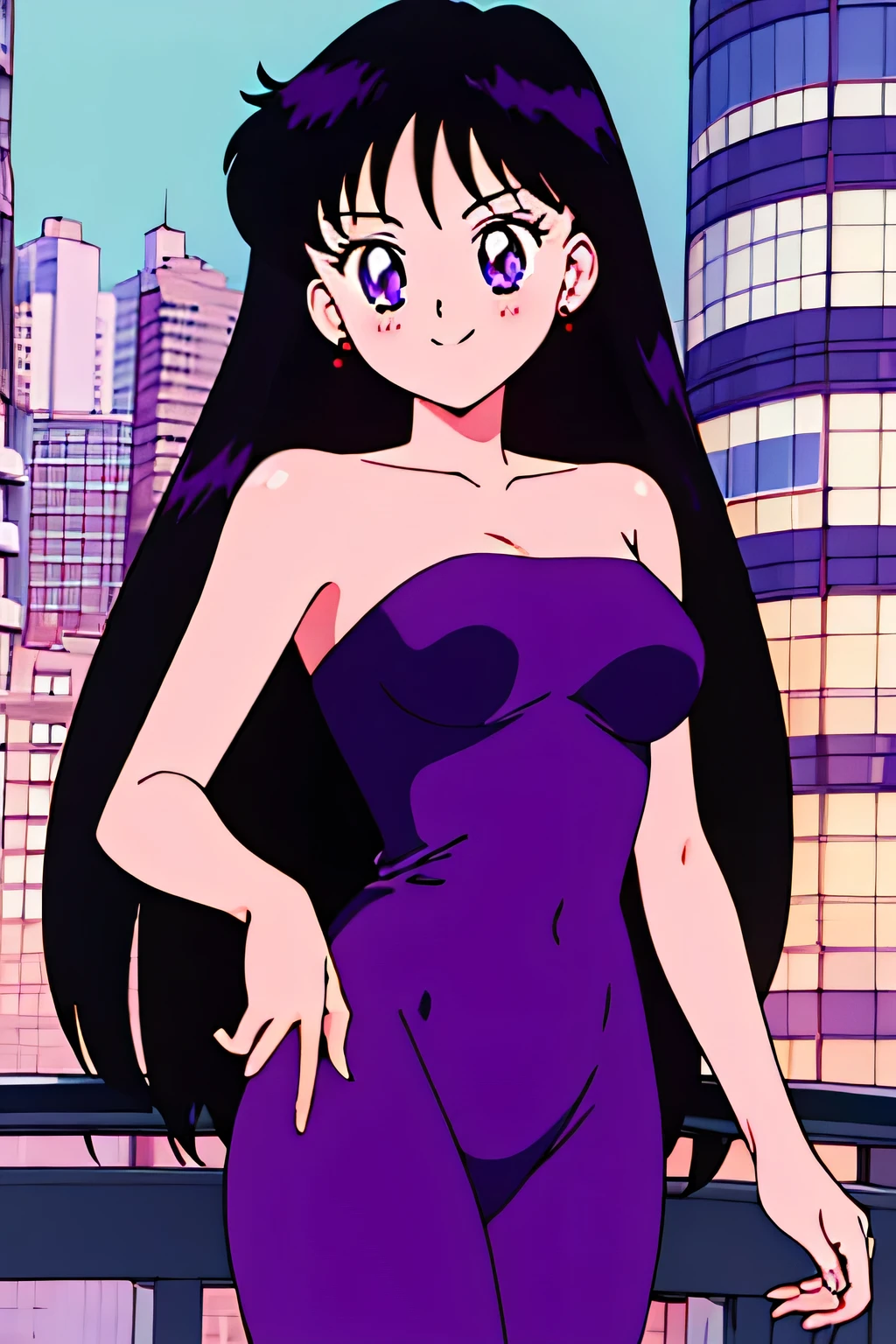 1990s \(style\), Best quality, masterpiece, Teenager, Rei Hino, Long black hair, purple eyes, Smile, Bare Neck, Bare Arms, Bare Shoulders, Strapless, Short Shiny Purple Dress, Purple Dress, Bodycon, medium breast, Standing Up, Cowboy Shot, city background, in the center, looking at you, upper body, 1 girl, solo