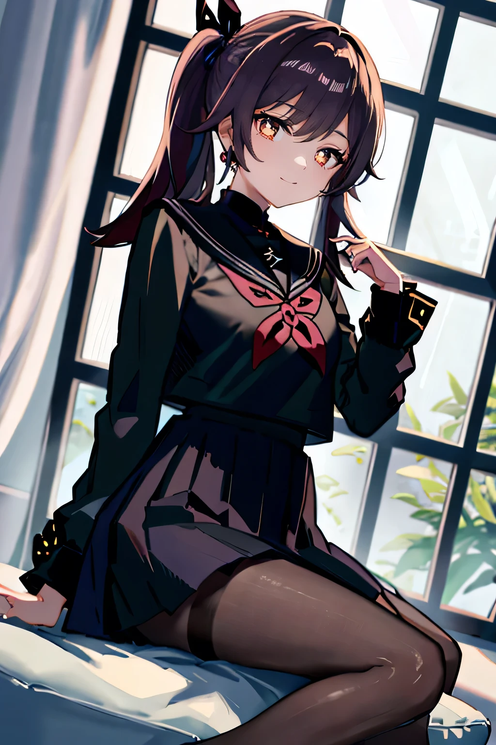 masterpiece:1.2, best quality, ((ultra detailed)), high resolution, 2d, anime style , photo, photography, detailed background,a cute girl, hutao, (pantyhose),full body,looking at viewer,light smile, earrings, sitting,from below, on couch, windows,serafuku,black thights,cropped tops,((black sailor uniform)),ribbon,ponytail,