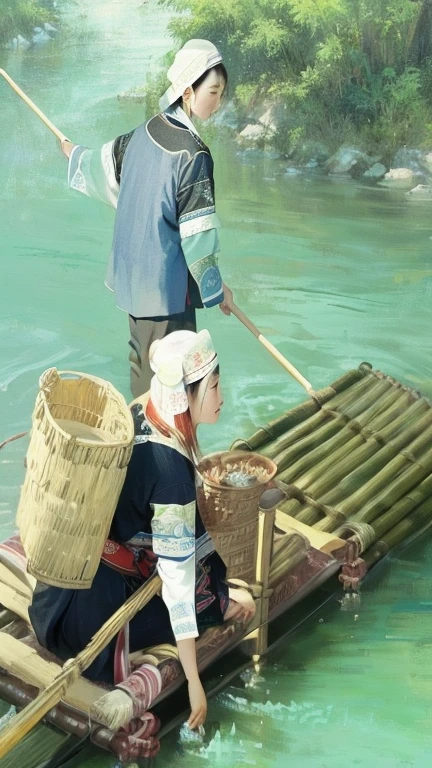 Painting of two people on bamboo raft on river, crossing the river, by Qu Leilei, highly detailed oil painting, Tradition油画, bo xun ling, Tradition, by Cheng Zhengkui, by Jiao Bingzhen, author：Ju Lian, xue han, by Sheng Maoye, Inspired by Lu Zhi