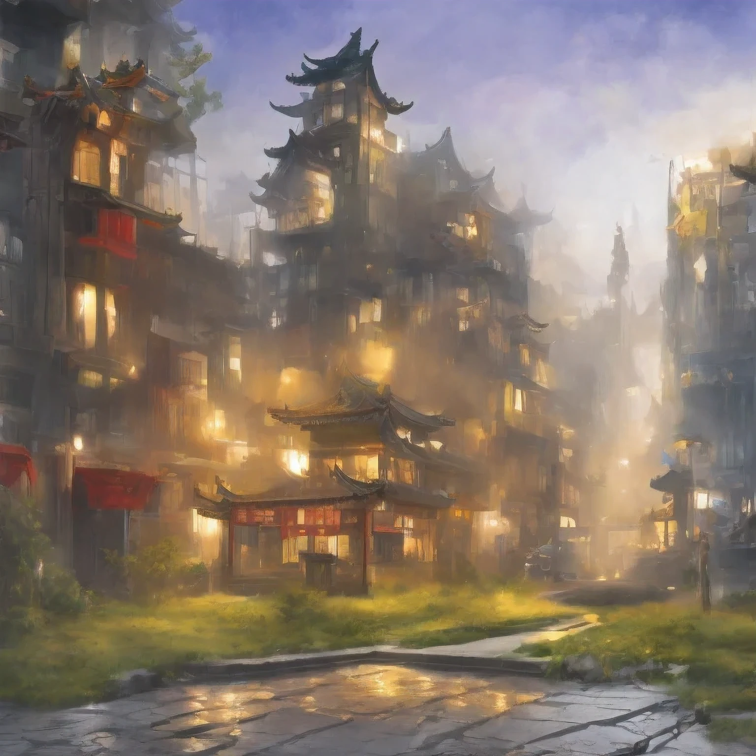 （（（watercolor））））landscape，buildings in a city with a pagoda in the middle of the city, cyberpunk chinese ancient castle, watercolor，stylized urban fantasy artwork, dreamy chinese town, concept art ， highly rendered, game art matte painting, matte painting 4k 8k, cinematic. by leng jun, in a tropical and dystopic city, 8k matte painting, 8 k matte painting，（（（watercolor）））