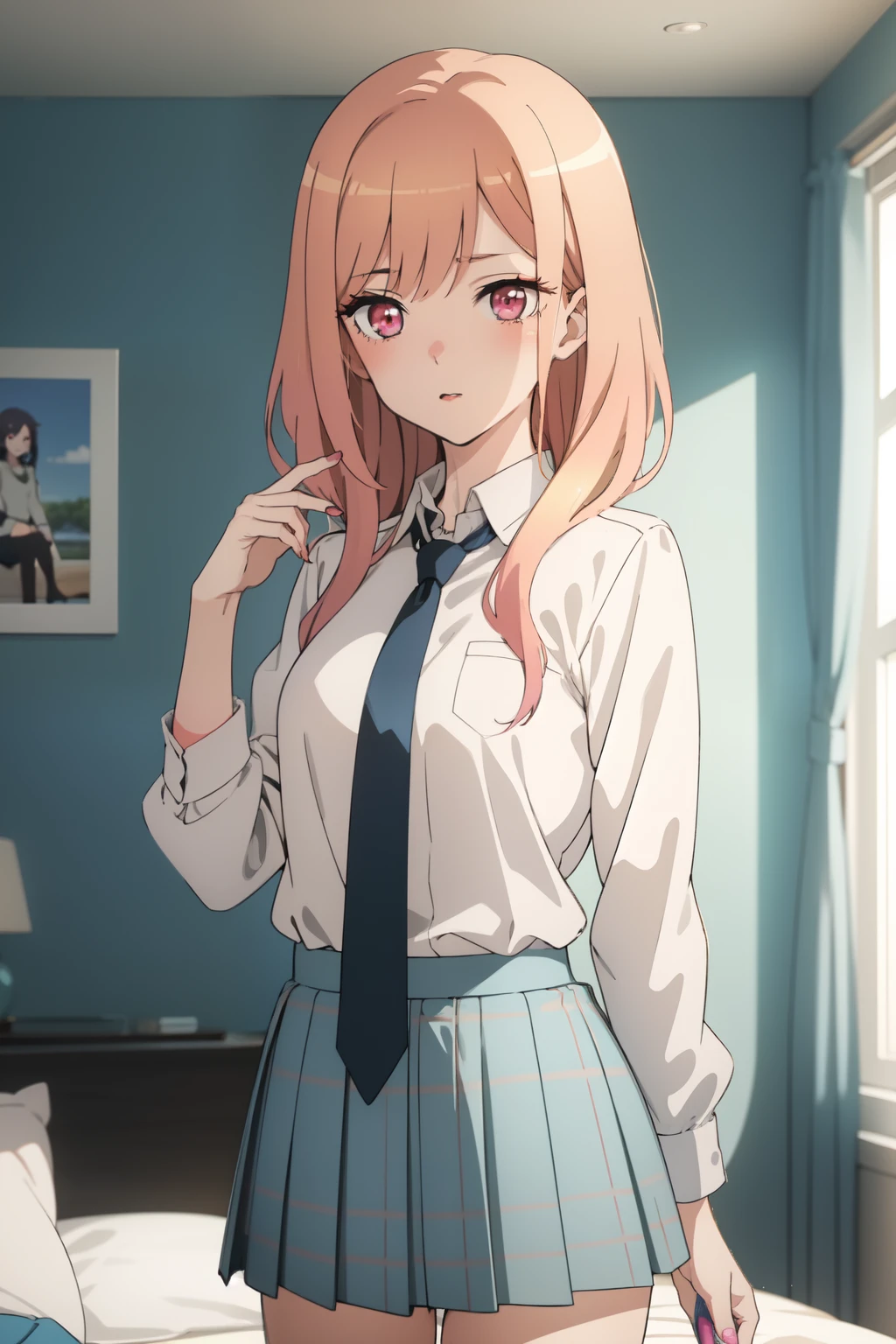 Anime background art, room background, a bed, beautiful anime scenes, 4K anime art wallpaper, 4k anime art wallpaper, Rosla global illumination, anime girl, 1 girl, similar LORA , faded pink hair, perfect face, pink eyes, defined eyes, dressed in , suit, light blue tie, light blue skirt, white shirt.