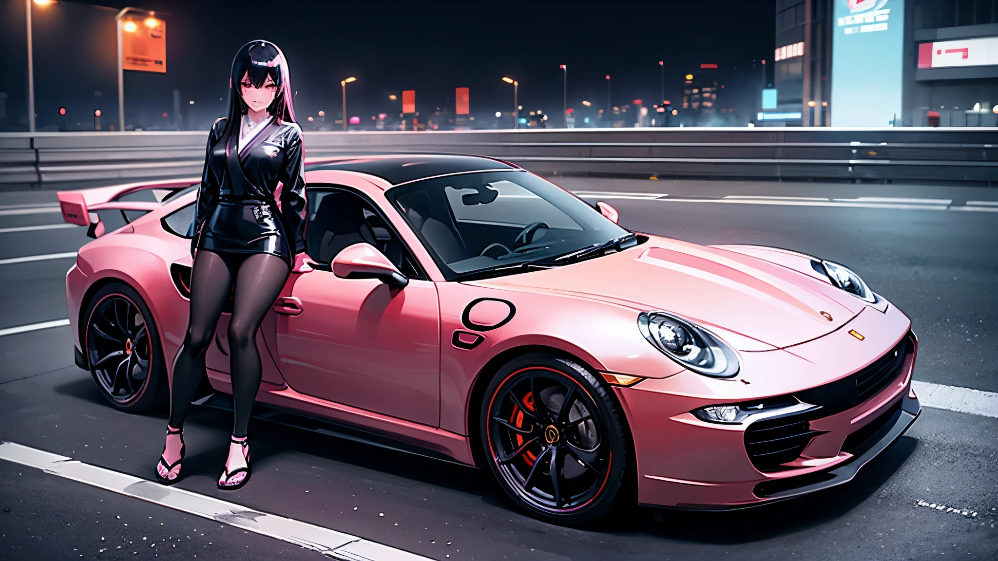 Beautiful Japanese woman with long black hair with pink highlights wearing modern sexy casual clothes is leaning against her racing Porsche 911 in a city at night waiting for a new underground race, artificial lighting from streetlights, modern city, high definition, high resolution, Intricate details, dynamic composition, inspired by illegal night races
