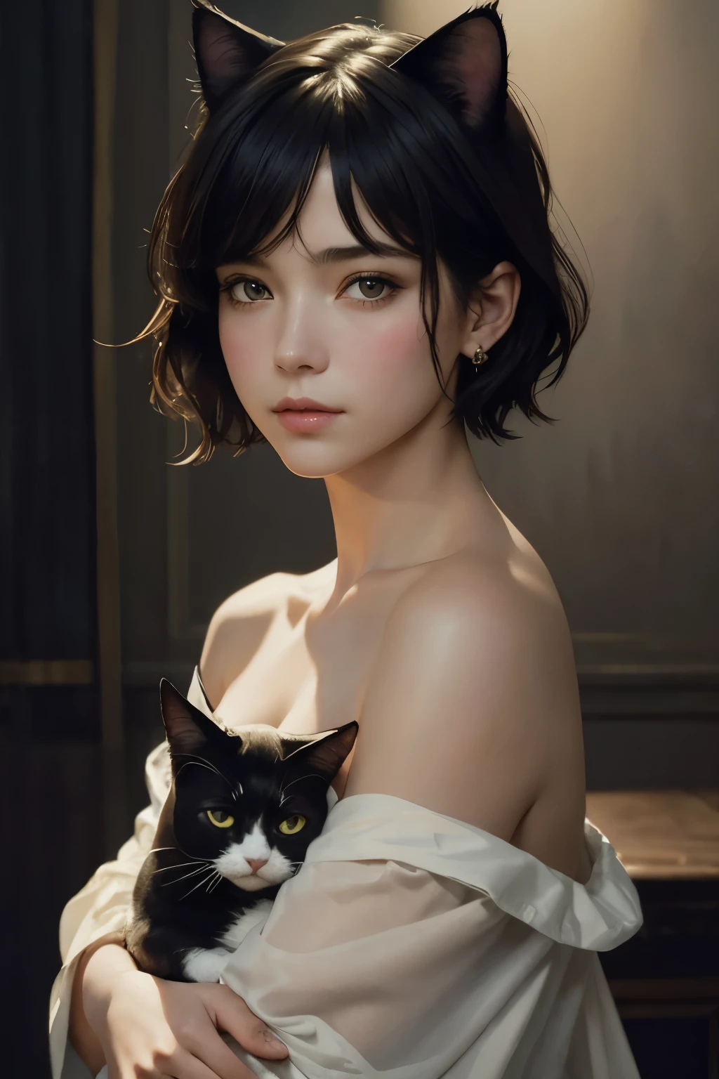 (Sargent-style watercolor)、(highest quality、masterpiece)、(Realistic:1.5), RAW Photos, 1 girl, Off the shoulder,Cat ear、 In the Dark, Deep Shadow, secret key, Cold Light, Sexy Looks, short hair