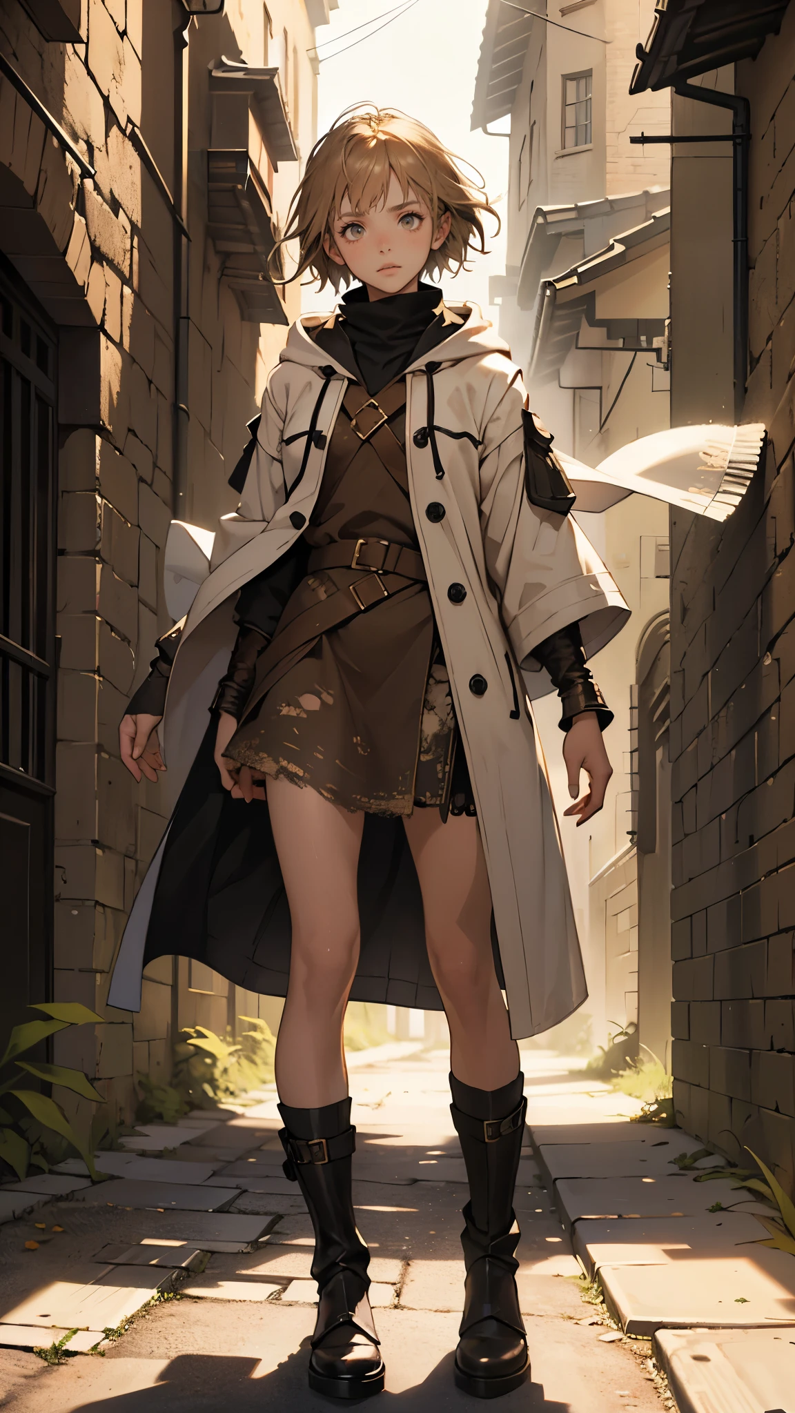 masterpiece, ultra detailed, 8K Portrait, Raw photo, a portrait photo of girl, Highly detailed face, beautiful and meticulous eyes, ((Fantasy)), 10 year old, young girl, little, dark blonde short hair, brown eyes, Kind face, skinny, (dirty and tattered clothes), dirty and tattered hooded long white coat Fluttering in the wind, ((bare foots)), Midday Sun, Hyper realistic, in a medieval back alley, Ambient lighting, Shadow details , strong breeze, Light fog
