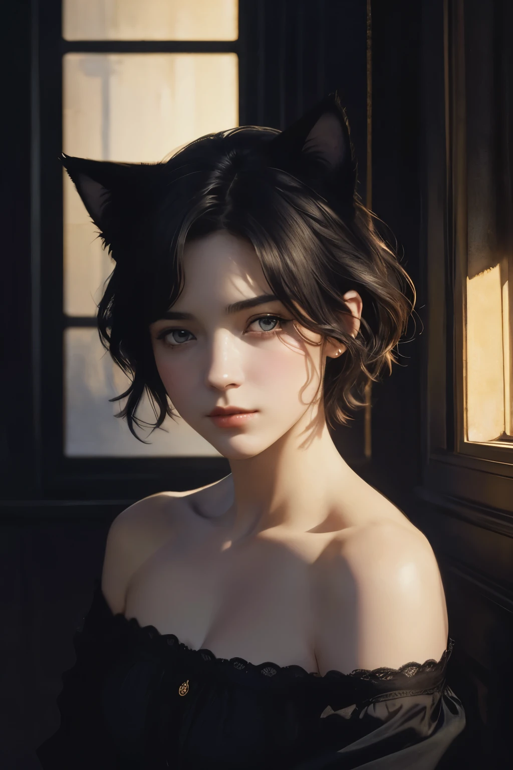 (Sargent-style watercolor)、(highest quality、masterpiece)、(Realistic:1.5), RAW Photos, 1 girl, Off the shoulder,Cat ear、 In the Dark, Deep Shadow, secret key, Cold Light, Sexy Looks, short hair