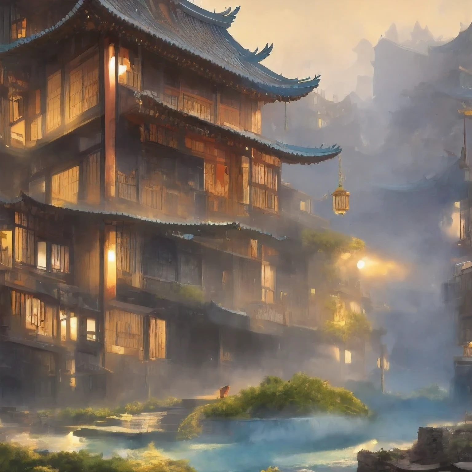 （（（watercolor））））landscape，buildings in a city with a pagoda in the middle of the city, cyberpunk chinese ancient castle, watercolor，stylized urban fantasy artwork, dreamy chinese town, concept art ， highly rendered, game art matte painting, matte painting 4k 8k, cinematic. by leng jun, in a tropical and dystopic city, 8k matte painting, 8 k matte painting，（（（watercolor）））