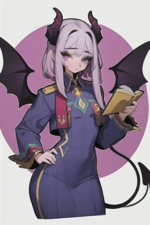 Complete body Vampirewings Peeled purple simple style color Demon girl hay horns anime 2d hair purple-pink small eyes Boku no hero posecompleta tail Boku no hero costume Boku no hero style, adult appearance, young older, , stand up, demon wings, HD, 4k, scholar uniform