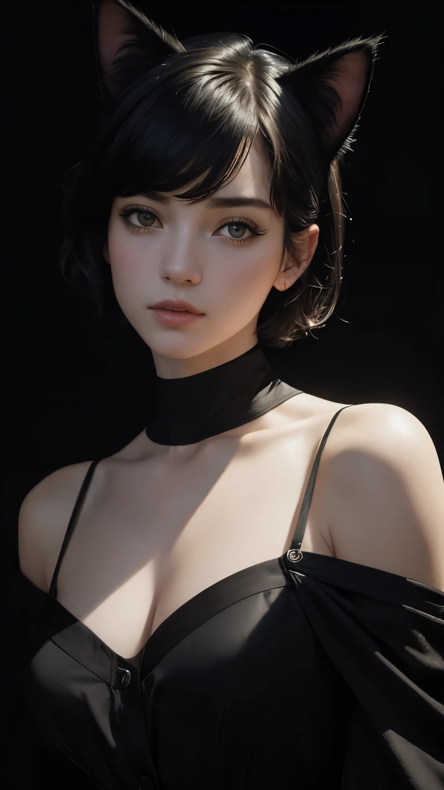 (Sargent-style watercolor)、(highest quality、masterpiece)、(Realistic:1.5), RAW Photos, 1 girl, Off the shoulder,Cat ear、whole body、 In the Dark, Deep Shadow, secret key, Cold Light, Sexy Looks, short hair、((Black Background))、