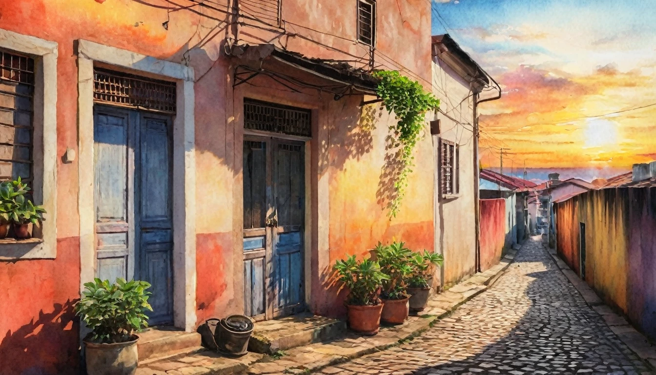 (watercolor), landscape, ennui, Afternoon sun, sunset, sunset, Soft colors, Absent-minded, Warm Light, South America, Slum Street, colorful, Cobblestones, Old house, plant, Pastel tones, Romantic, Tranquility, Nostalgic, Sunlight, shadow, Roof tiles, Wooden Door, Iron balcony, Faint light, Soft clouds, Calm, 夕sunsetの空, elegant, Permeate
