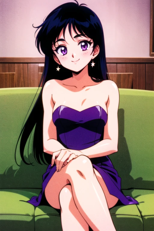 1990s \(style\), Best quality, masterpiece, Teenager, Rei Hino, Long black hair, purple eyes, Smile, Bare Neck, Bare Arms, Bare Shoulders, Strapless, Short Shiny Purple Dress, Purple Dress, Bodycon, medium breast, bedroom, sitting, couch, crossed legs, blush, looking at viewer, indoor