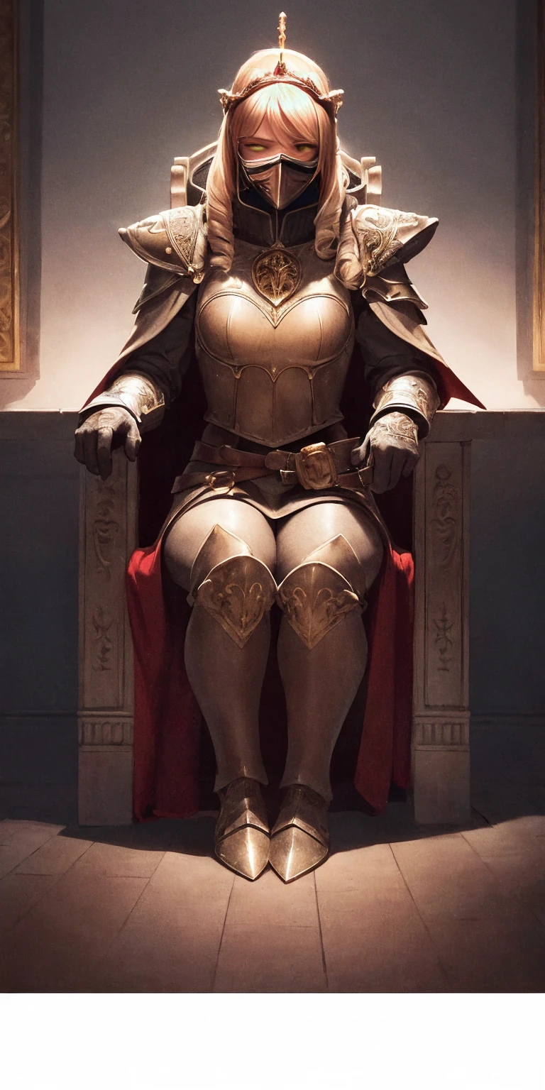 (masterpiece, best quality, absurdness, 4k, aesthetic, detailed, intricate, perfect lighting) cinematic angle, 1sologirl, sitting on throne, elbow rest, castle interior, mask, hood, cape, belt, armor, cloak, red gloves gauntlets, bkcrown