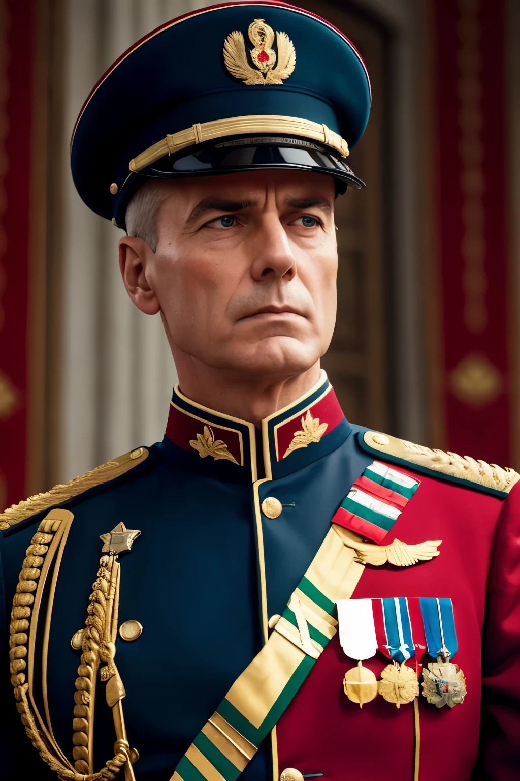 Soviet General, during a grand ceremony, (Gravitas), (Dignified), (Firm jawline), (Medal of Honor pinned to his chest), (Russian uniform:1.2), (Golden epaulets glinting), (Military decorations adorning his chest), ((Proud eyes:1.2)), ((Determined gaze:1.2)), Arms stiff at his side, Chest expanded, (Heart swelling with emotion), (Feeling of deep honor and sacrifice), ((Flag draped over his shoulders:1.2)), ((Salute:1.2)), (Stony silence in the audience), ((Respectful gaze from fellow soldiers:1