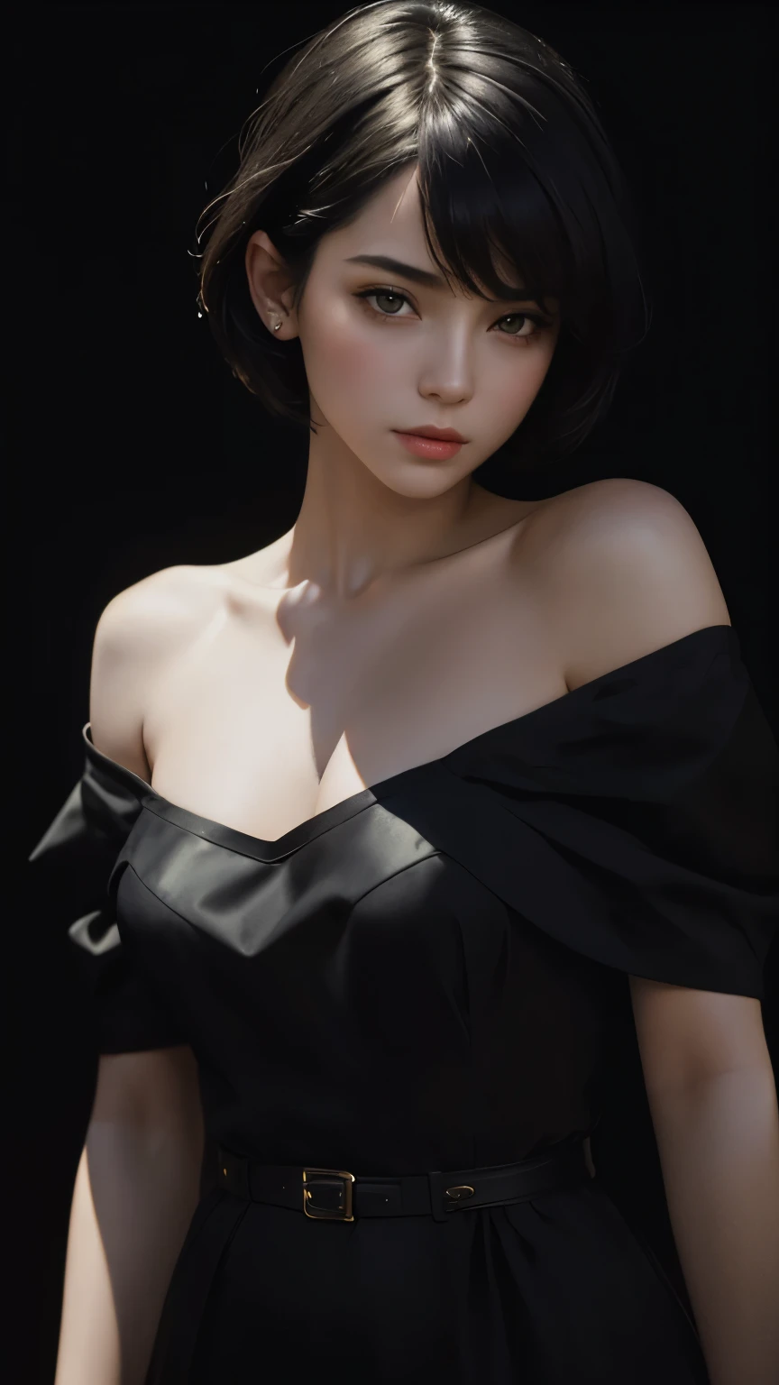 (Sargent-style watercolor)、(highest quality、masterpiece)、(Realistic:1.5), RAW Photos, 1 girl, Off the shoulder,Cat ear、whole body、 In the Dark, Deep Shadow, secret key, Cold Light, Sexy Looks, short hair、((Black Background))、