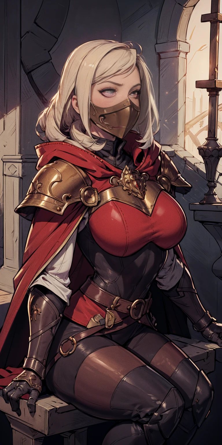 (masterpiece, best quality, absurdness, 4k, aesthetic, detailed, intricate, perfect lighting) cinematic angle, 1sologirl, sitting on throne, elbow rest, castle interior, mask, hood, cape, belt, armor, cloak, red gloves gauntlets, bkcrown