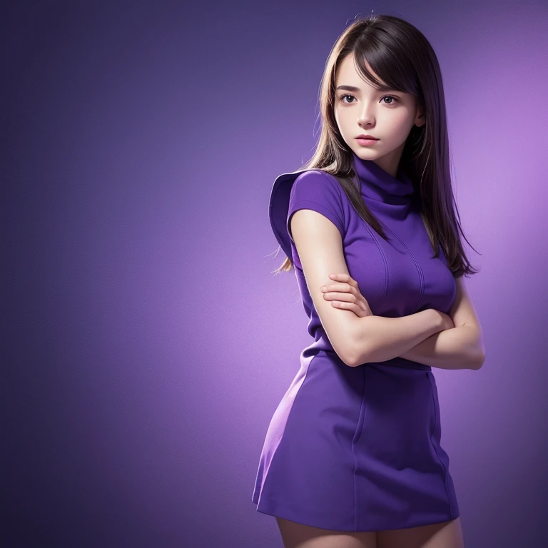 Midjourney European student beautiful young woman in high profile with crossed arms in a purple and blue background