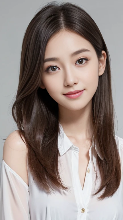 (Very detailedな CG Unity 8k 壁紙, highest quality, Very detailed, Looking into the camera:1.2, The light shines on your face:1.5, Gray background, Professional Lighting), Japanese women, 26 years old, Brightly lit upper body composition of a face. She has an oval face, Soft arched eyebrows, bright expressive eyes,,, pronounced nose, And a friendly smile. Her hair is shoulder-length, straight, Dyed a pale chestnut color. She is wearing a smart casual blouse, Probably soft colors, Pair it with a chic blazer, Embody her lively and sociable personality