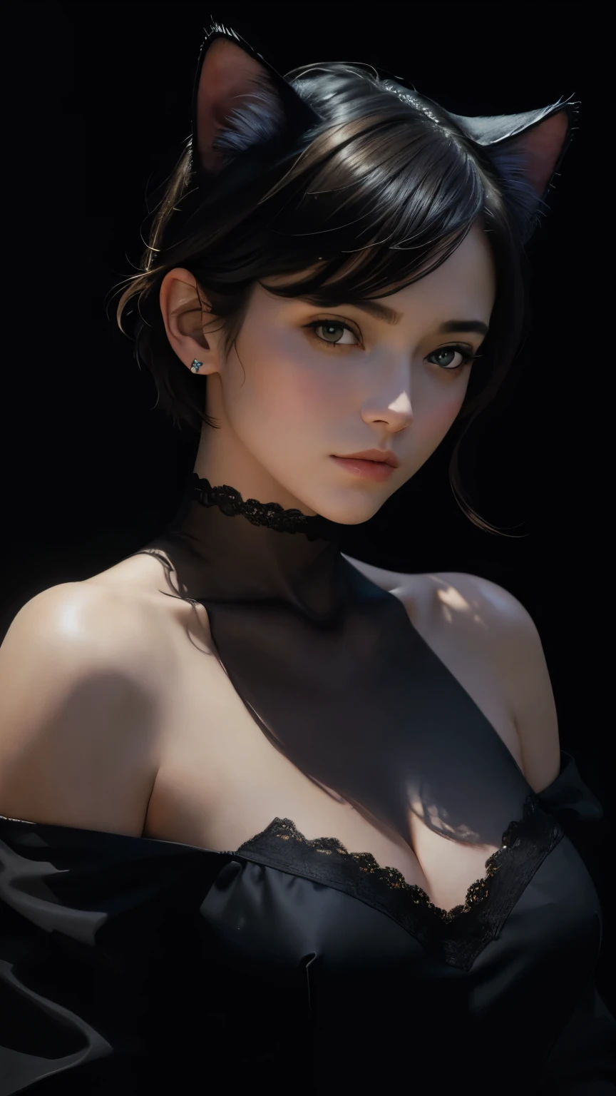 (Sargent-style watercolor)、(highest quality、masterpiece)、(Realistic:1.5), RAW Photos, 1 girl, Off the shoulder,Cat ear、whole body、 In the Dark, Deep Shadow, secret key, Cold Light, Sexy Looks, short hair、((Black Background))、
