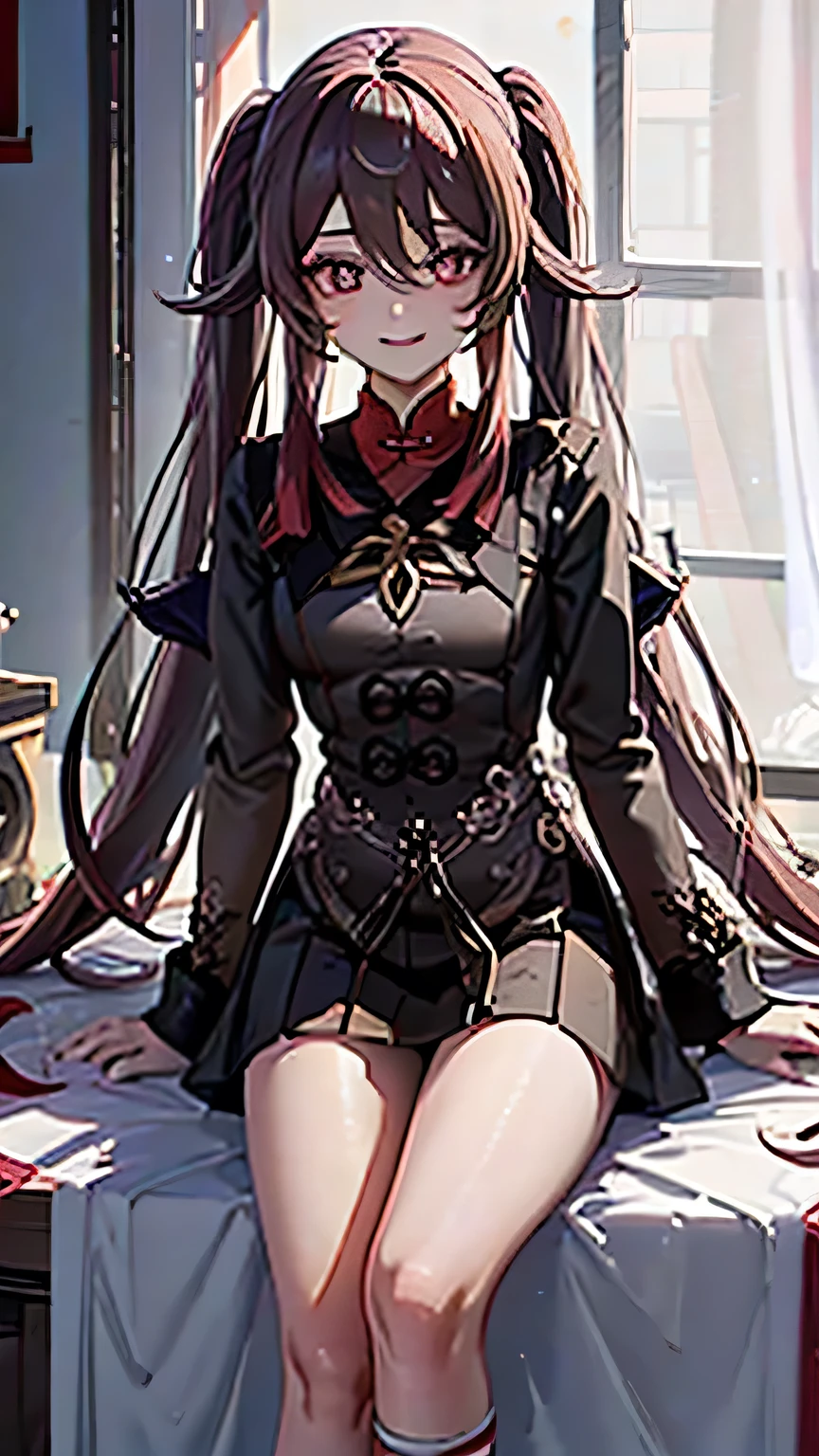 Hu Tao, teenage girl, Kuoh Academy uniform, smile, beautiful, medium breasts, occult research club room background, illustration medium, detailed eyes and face, long eyelashes, best quality, ultra-detailed, photorealistic:1.37, professional, vivid colors, portraits, warm color tone, soft lighting.