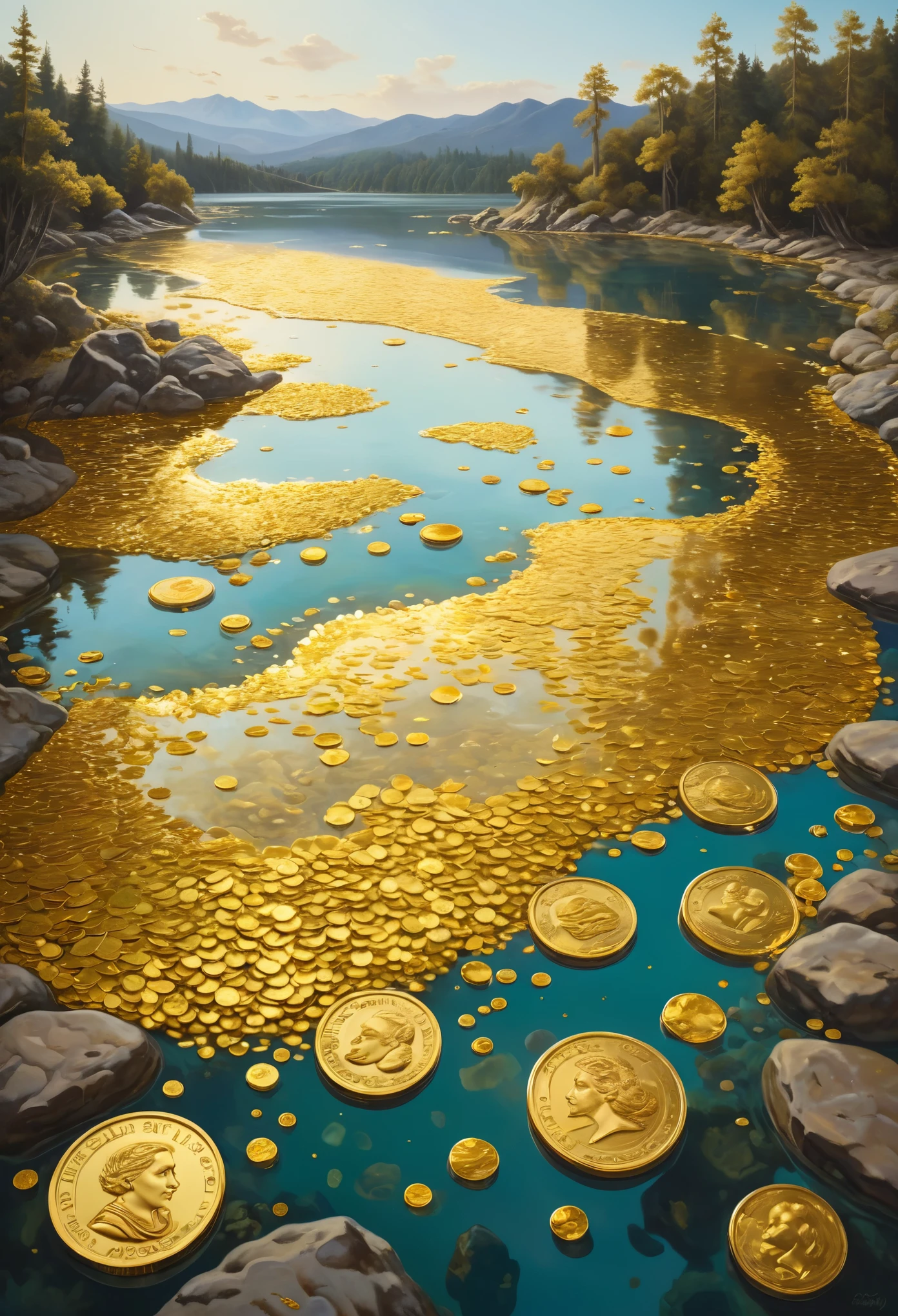 Surrealist portraiture,Depicts a clear river filled with gold,Slow flow,Detailed gold coin details,There are a lot of gold coins scattered on the bottom of the water,Countless piles of gold are piled up in the clear lake water