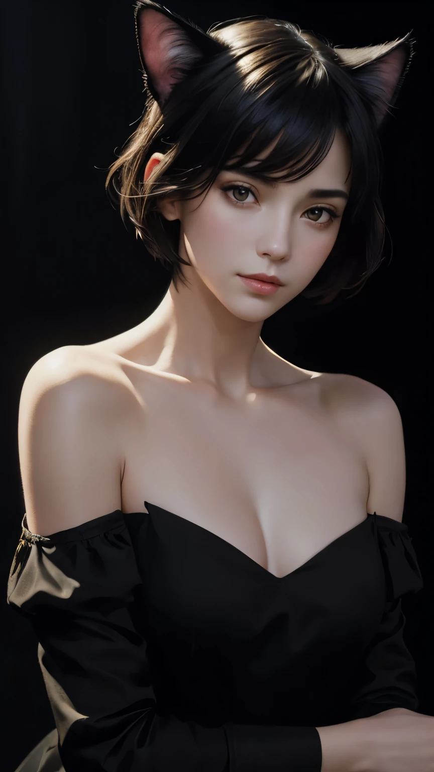 (Sargent-style watercolor)、(highest quality、masterpiece)、(Realistic:1.5), RAW Photos, 1 girl, Off the shoulder,Cat ear、whole body、 In the Dark, Deep Shadow, secret key, Cold Light, Sexy Looks, short hair、((Black Background))、