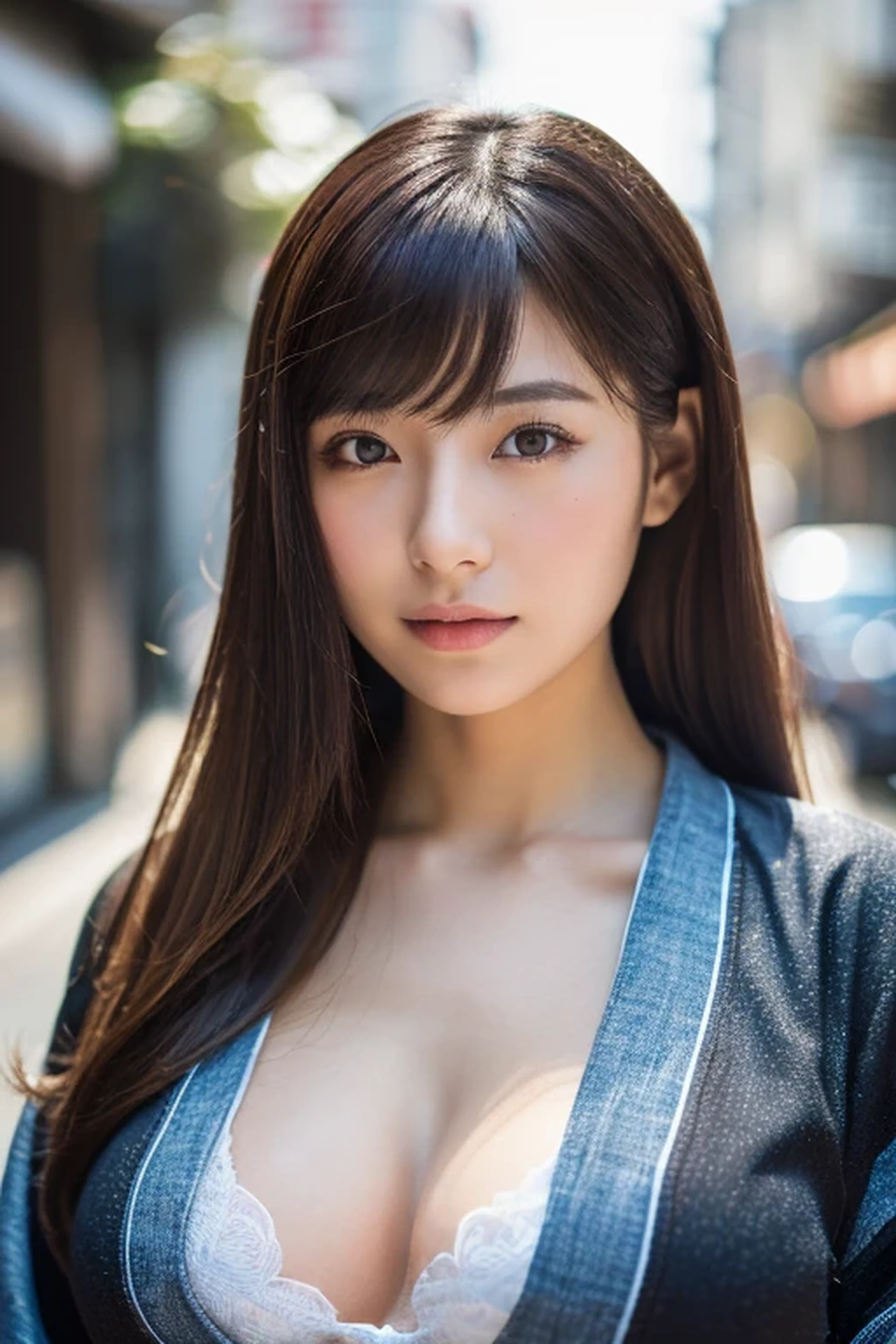 (Best Quality, 8k, 32k, masterpiece, Ultra-high resolution:1.3),Photos of attractive Japanese women, One girl,looking at the camera,Perfect body, Facing forward,Highly detailed face, Detailed lips, Fine grain, double eyelid, ((Best Quality, 8k, masterpiece :1.3)), Sharp focus :1.2, Beautiful woman with perfect figure :1.4, Slim Abs :1.2, ((Dark brown hair, Huge breasts :1.4)), (Please wear a white buttoned shirt, Jean :1.1), City streets:1.2, Highly detailed face and skin texture, Fine grain, double eyelid,Close-up of a woman in a kimono dress posing for a photo, Japanese Goddess, Japanese Model,Asian Girl, Japanese women,Beautiful Asian Girl, shikamimi, Russian and Japanese mix, Enchanting girl,