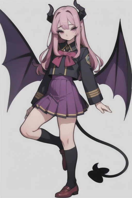 Complete body Vampirewings Peeled purple simple style color Demon girl hay horns anime 2d hair purple-pink small eyes Boku no hero posecompleta tail Boku no hero costume Boku no hero style, adult appearance, young older, , stand up, demon wings, HD, 4k, scholar uniform shoes