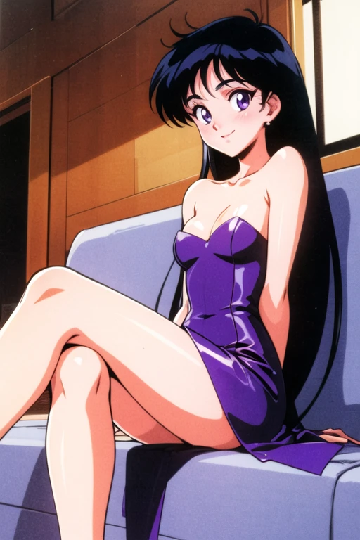 1990s \(style\), Best quality, masterpiece, Teenager, Rei Hino, Long black hair, purple eyes, Smile, Bare Neck, Bare Arms, Bare Shoulders, Strapless, Short Shiny Purple Dress, Purple Dress, Bodycon, medium breast, bedroom, sitting, couch, crossed legs, blush, looking at viewer, indoor