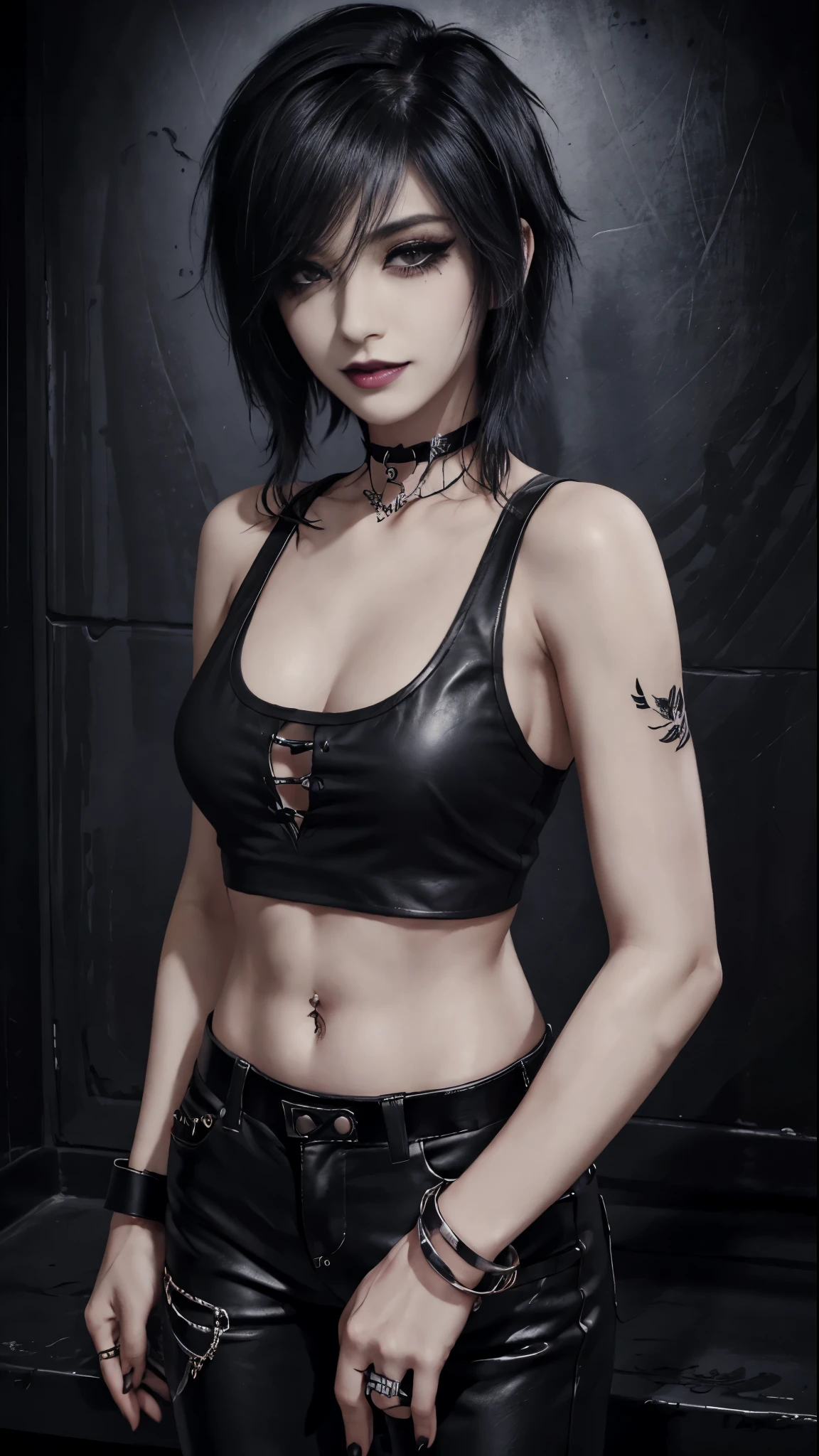 1girl, woman, emo_hairstyle, black lipstick, smug, grin, choker, cuffs, eyeliner, eye shadow, mascara, smoky eyes, realistic lighting, tank top, leather pants, flat chest, satanic tattoo.