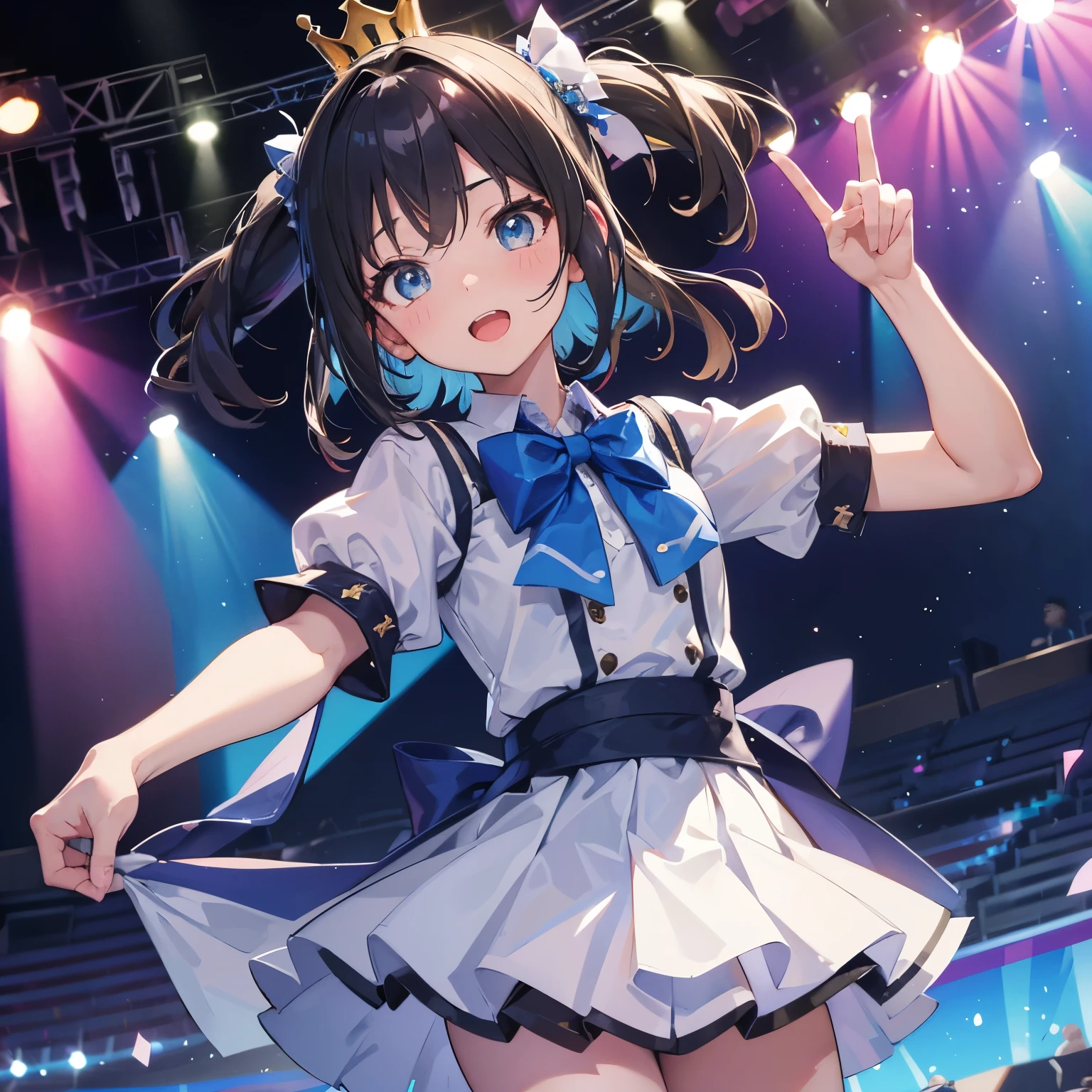 One girl, 一人in, concert, stage, (stage lights, Colorful background), Dutch Angle, in, peace sign, Fubuki Idol, hololiine idol uniform, Layered skirt, white gloines, Mini Crown, blue bowtie, bow, Twin Blade, Ahoge, Open your mouth