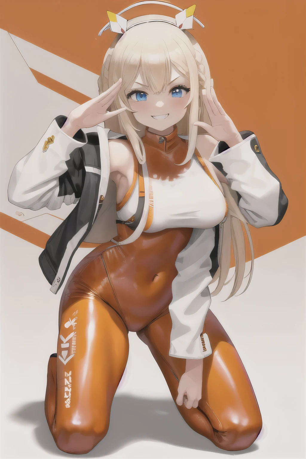 masterpiece, best quality, 1girl, solo, tove, headgear, braid, orange bodysuit, jacket, grin, looking at viewer, blush, long sleeves, full body, hood, salute, squatting,