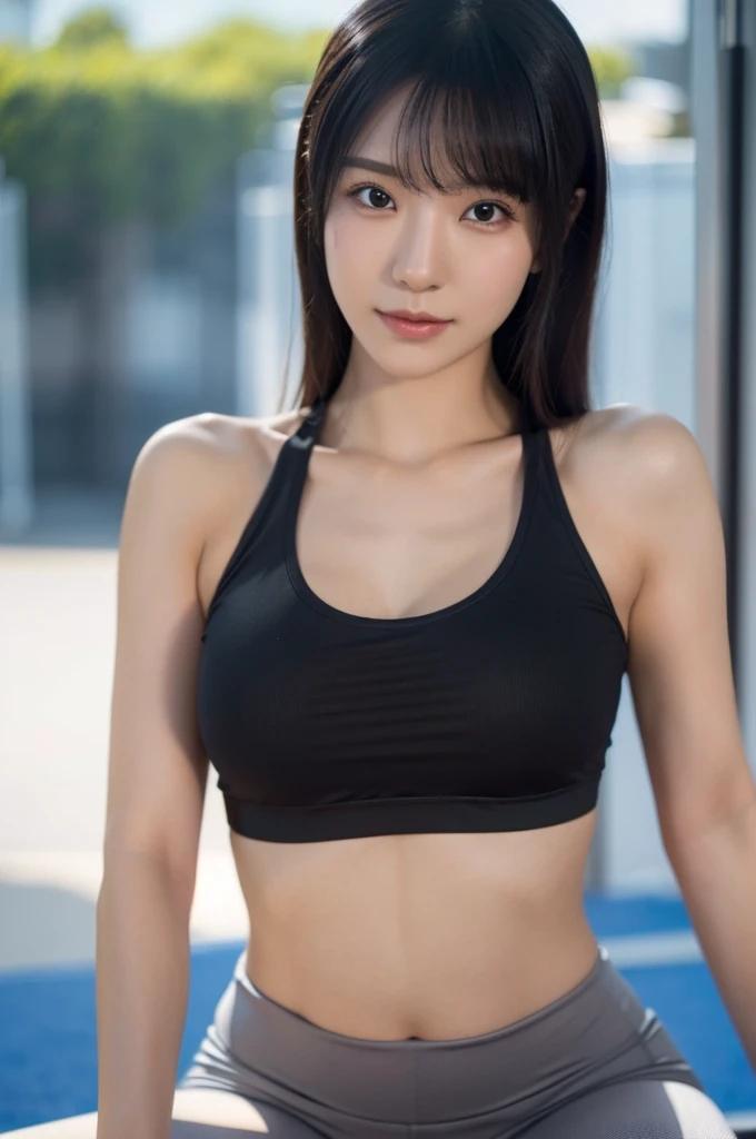 best quality, 8k, highly detailed face and skin texture, high resolution, sexy japanese girl in sports bra and yoga pants at gym, full body, sharp focus