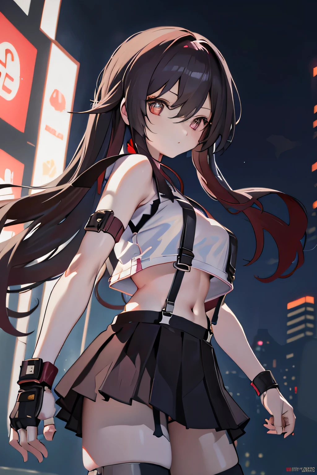 masterpiece, best quality, 7rtifa, crop top, arm guards, fingerless gloves, suspenders, pleated miniskirt, black thighhighs, fist, from side, looking at viewer, dystopian city, city street, night