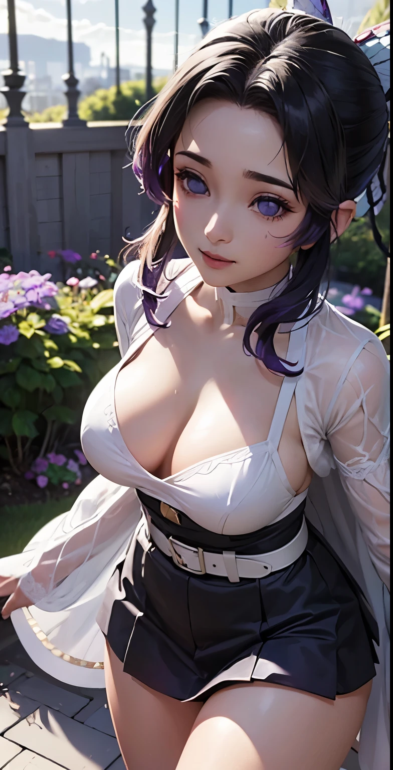 Ultra-realistic 8K CG,masterpiece,((Highly detailed background, Delicate pattern, Intricate details)),mini skirt、Beautiful 、Her white panties are visible in her Iaido pose.、front、Beautiful thighs、highest quality,very detailed face,Very beautiful eyes and face,Very beautiful eyes,Kocho Shinobu,Colorful Hair,No bangs,Hair intake,Purple eyes,amount,,belt,(garden:1.2),Purple Flower,a bit,cloudy null,sunlight,Tyndall effect,slope_null,face,Gorgeous null,West Saber,Attractive posture,