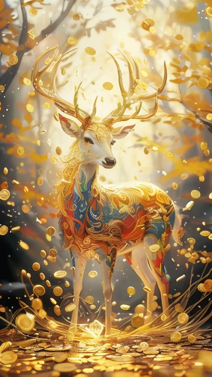 There is a deer in the painting,There are many gold coins in the background, Beautiful digital artwork, very Beautiful digital art, Beautiful digital art, 8k high quality detailed art, 4k highly detailed digital art, Colorfull digital fantasy art, Detailed fantasy digital art, Gorgeous digital art, A beautiful artistic illustration, 4K Fine Digital Art, Beautiful digital illustrations, Stunning digital art