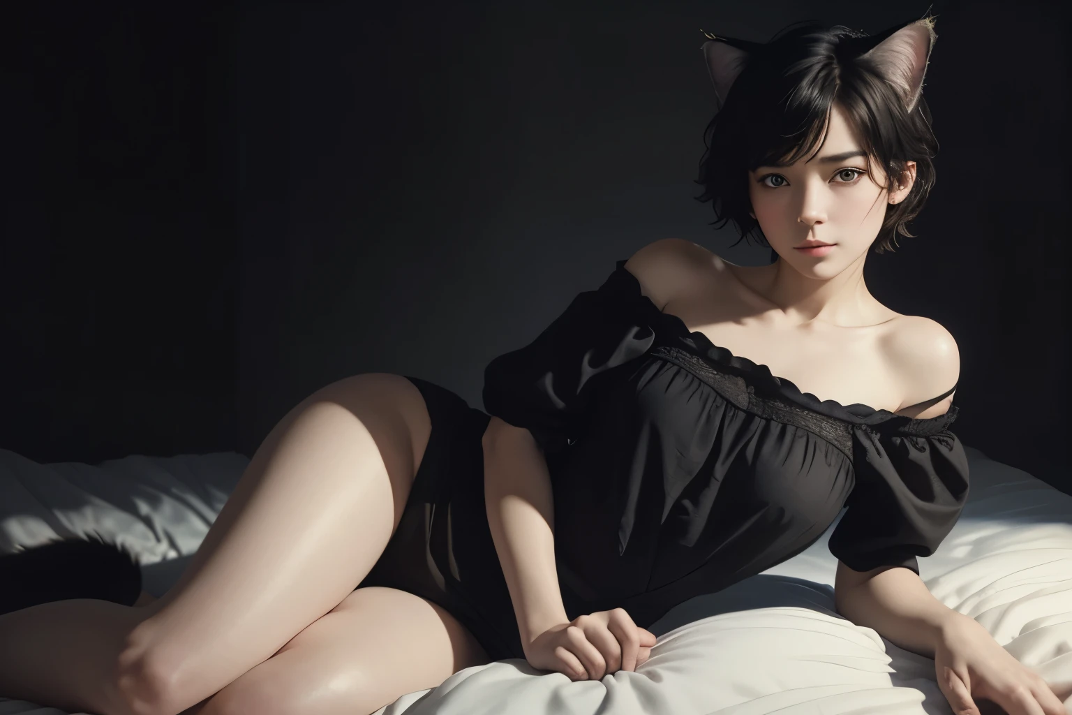 (Sargent-style watercolor)、(highest quality、masterpiece)、(Realistic:1.5), RAW Photos, (Shabby attic)、(1 girl, Off the shoulder,Cat ear、short hair、Sexy Looks, whole body、Sitting on the edge of a simple bed)、 In the Dark, Deep Shadow, secret key, Cold Light, dim、lamp、(Simple Background)、((Black Background))、