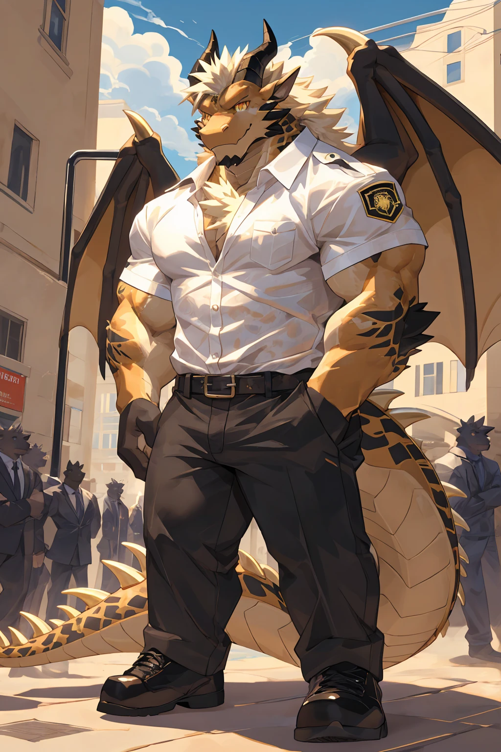 male focus, security guard, Handsome 1boy, solitary, protrait photo，single, (White Paws, White nails:1.4), (Long blond hair:1.2), (Black and gold dragon wings:1.2),  Black and gold dragon tail, (Black and gold dragon horns, Black and gold horns:1.3), Gold Tattoo, (perfect golden eyes, Black skin, Black and gold body, black scales, black ear:1.3), 
Western Dragon, dragon, dragon boy, dragon body, (big eyes, large eyes:1.3) , Golden dragon tattoo, Dragon Scale, 
Wearing black short sleeves, Wearing a white short-sleeved shirt, Black trousers, Black short shoes, Black leather belt, 
(full body:1.2), Front view, (Mature men:1.1), (muscle,Strong male, muscle男, Exposed chest muscles:1.2), Abdominal muscles, (Thick thighs:1.1), (Standing:1.3), (Looking at the audience, Focus, Eyes gaze:1.3), (Smile:1.2), (Slightly bow your head 1.3), 
full background, Blue sky, White Cloud, ground, School, School gate, security guard亭, 
Mysterious and romantic atmosphere, Caustic lines(refraction, polarization)Perfect anatomical structure, absurd, Detailed background, Delicate eyes,Printing style。（artist:Takemoto Arashi）