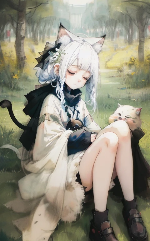 Photos of the cat-eared girl with many animals，animal illustrations,mixed species,different kinds of animals,various species,diverse animals,digimon evolution，Ultimate Evolution，perfect body，ultimate body，horse，There is personification，digimon evolution，Ultimate Evolution，perfect body，ultimate body，UFO，There is personification，Cat lady，cat ears women\(Lovely,Kawaii,,Hair color: white,Braided hair,messy hair,Dark eye color,closed eyes smile,White skin,A big smile,full-body shot,Flower Hair Accessories,white hair\),background\(Blue sky and white clouds，There are many flowers,many animals，animal illustrations,mixed species,different kinds of animals，There are cats，有horse\), rest ,quality\(8K,Extremely detailed CG unit wallpaper, masterpiece,high resolution,top-quality,top-quality real texture skin,提high resolution,RAW photos,Best quality,Very detailed,wallpaper\)scenery 