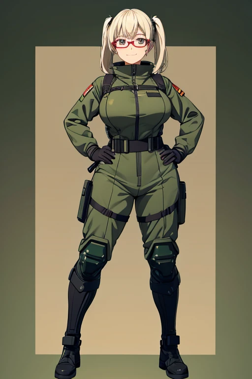 Anime drawings、Full body portrait、Space Sci-Fi Soldier、A curvy female soldier, standing upright, about 155cm tall, about 48 years old, wearing a dark green military uniform with protective gear.、Smiling with mouth closed、Her hairstyle is twin tails.、Platinum Blonde Hair、Military bootilitary cap、Glasses、Red Eyes