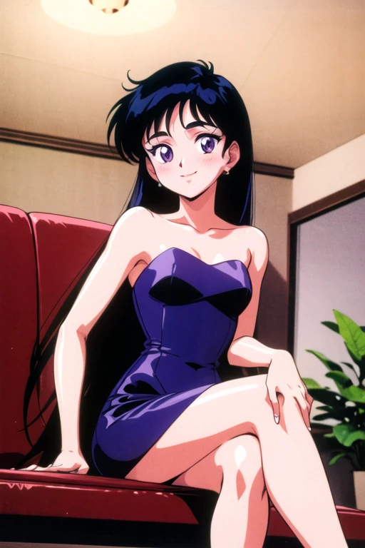 1990s \(style\), Best quality, masterpiece, Teenager, Rei Hino, Long black hair, purple eyes, Smile, Bare Neck, Bare Arms, Bare Shoulders, Strapless, Short Shiny Purple Dress, Purple Dress, Bodycon, medium breast, bedroom, sitting, couch, crossed legs, blush, looking at viewer, indoor, in the center