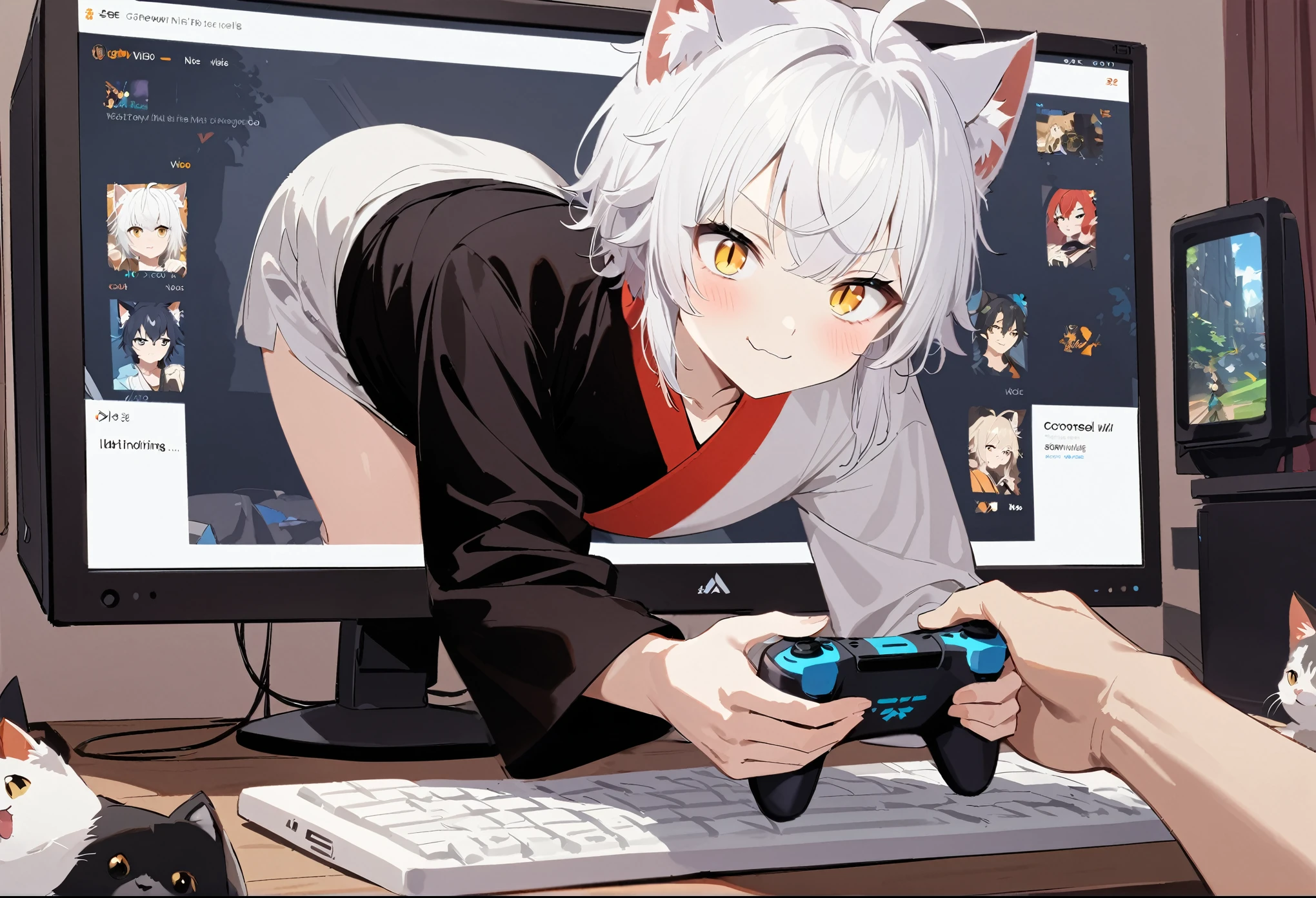 ((Drill out of the screen)),cat_boy,1boy,split color kimono,(black kimono:1.2),(animal ears),white hair, short hair with single long lock,ahoge,yellow eyes,slit pupils, dot nose,closed mouth,playing games, video game, indoors, confused, room, growling, monitor, masterpiece, best quality, highres, nice hands, perfect hands,;),wink,teasing smile,blush