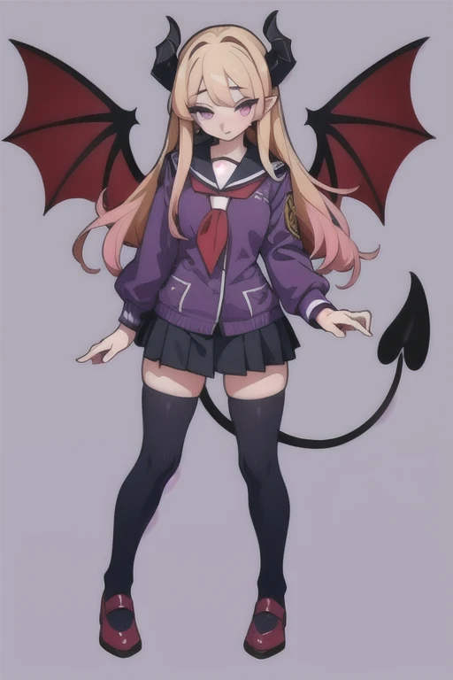 Complete body Vampirewings Peeled purple simple style color Demon girl hay horns anime 2d, multicolor hair purple and pink and black, small eyes Boku no hero posecompleta tail Boku no hero costume Boku no hero style, adult appearance, young older, , stand up, demon wings, HD, 4k, scholar uniform shoes