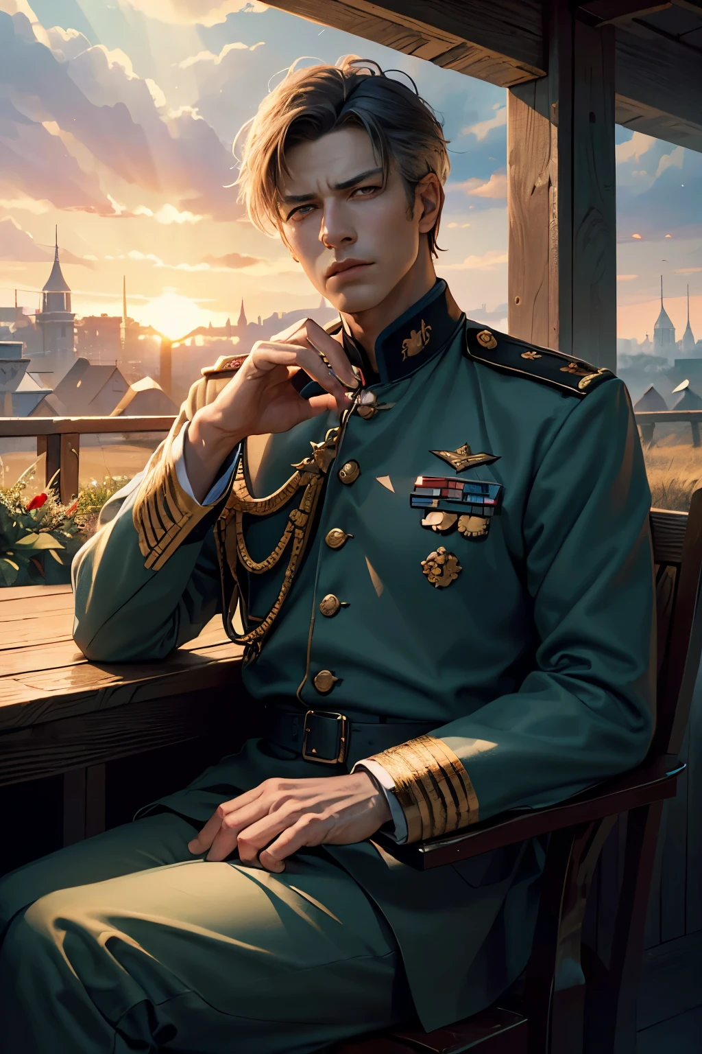 (Masterpiece, Top Quality, Best Quality, Official Art, Beautiful and Aesthetic: 1.2)
(1 subject)
Extremely detailed,
Mature male, portraying a Soviet general,
Worn military uniform,
Sad expression, weary from war,
Sick of war,
Sitting on a wooden porch,
Returning to the countryside,
Overgrown garden,
Rustic wooden house,
Atmospheric perspective,
Golden sunset,
Long shadows,
Chiaroscuro lighting,
High details,
Accurate,
Best quality,
8K high-definition images,
Realistic face and body,
