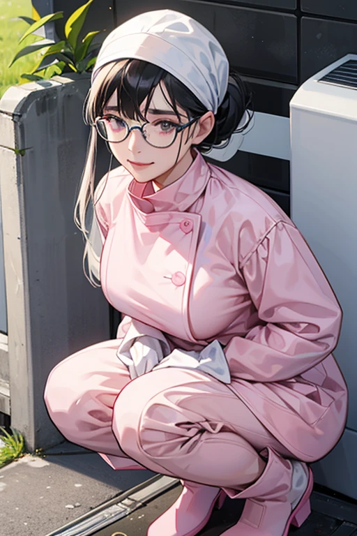 Wearing large pink rubber gloves, white rubber boots and a white cloth wrapped around her head、A mature woman with glasses and black hair tied up in a blue long-sleeved jumpsuit cleans a dirty public toilet in a park with a gentle smile