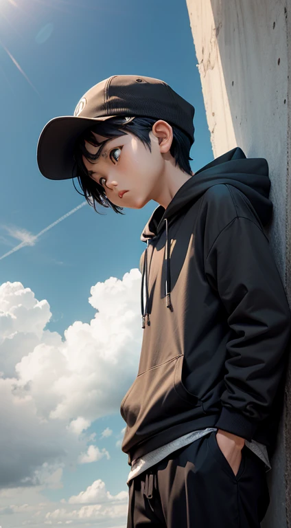 anime indonesian boy, 1boy, black hair, ,wear hat,wear grey hoodie, looking away at the sky, sky with clouds, afternoon, lo-fi, camera from below