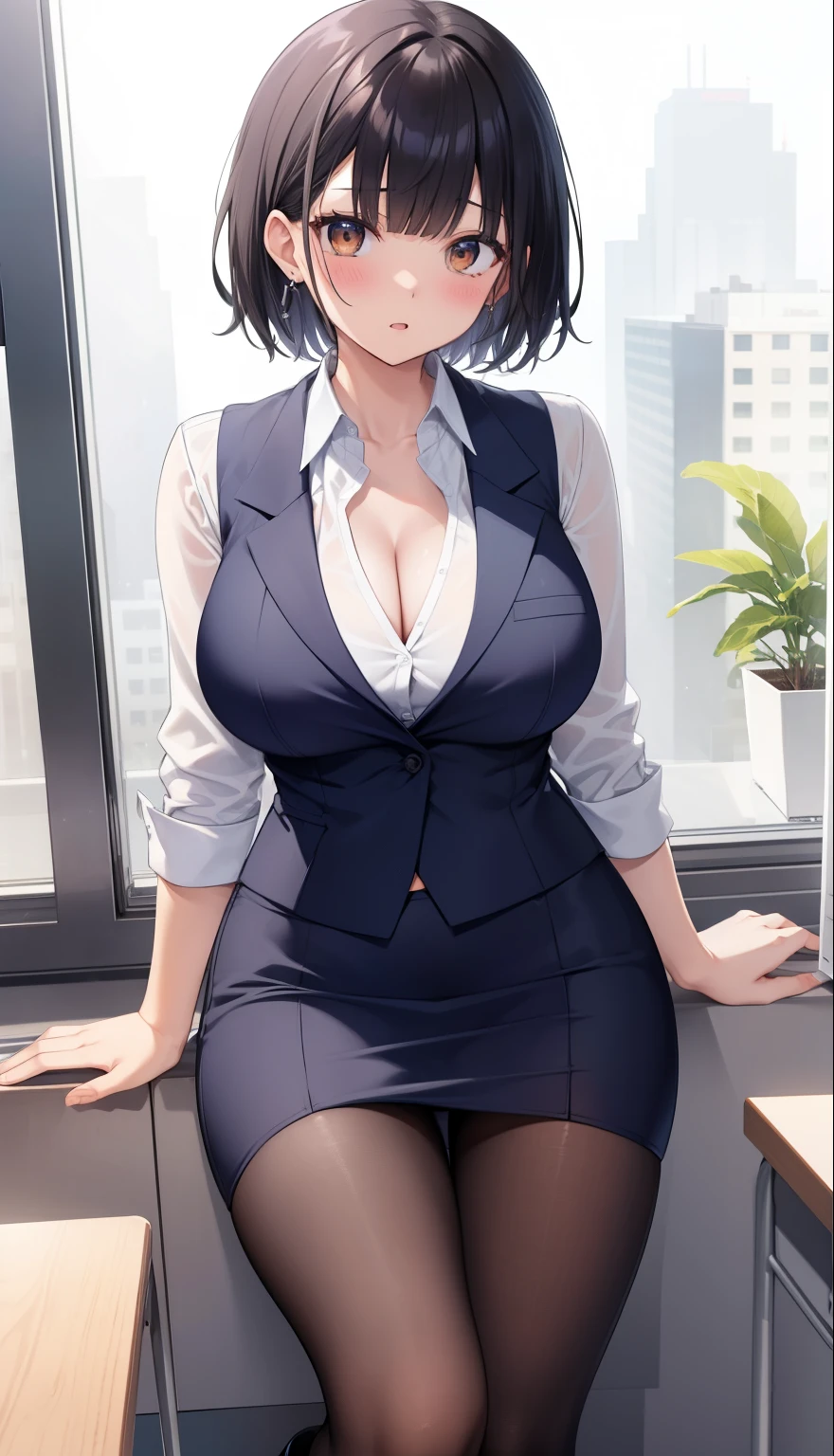 highest quality, Flying debris、Beautiful woman、officeレディー、Black Hair、(Brown eyes、Big Breasts、Blunt bangs)、short hair、チェック柄のダークブルーのofficeスーツ)、new employee,Full Body Shot、Female office lady、break(Dark blue checked vest、White dress shirt、Navy blue mini tight pencil skirt:1.2)、(Black Pantyhose、garter belt、High heels)、break(office:1.3)、Cleavage、Shirt buttons fly off、Absolute area、Blushing、Embarrassed、Standing posture、Open your mouth、Exposing the breasts、Bare your breasts、No panties、No bra、Nipples are visible、Expose the nipple