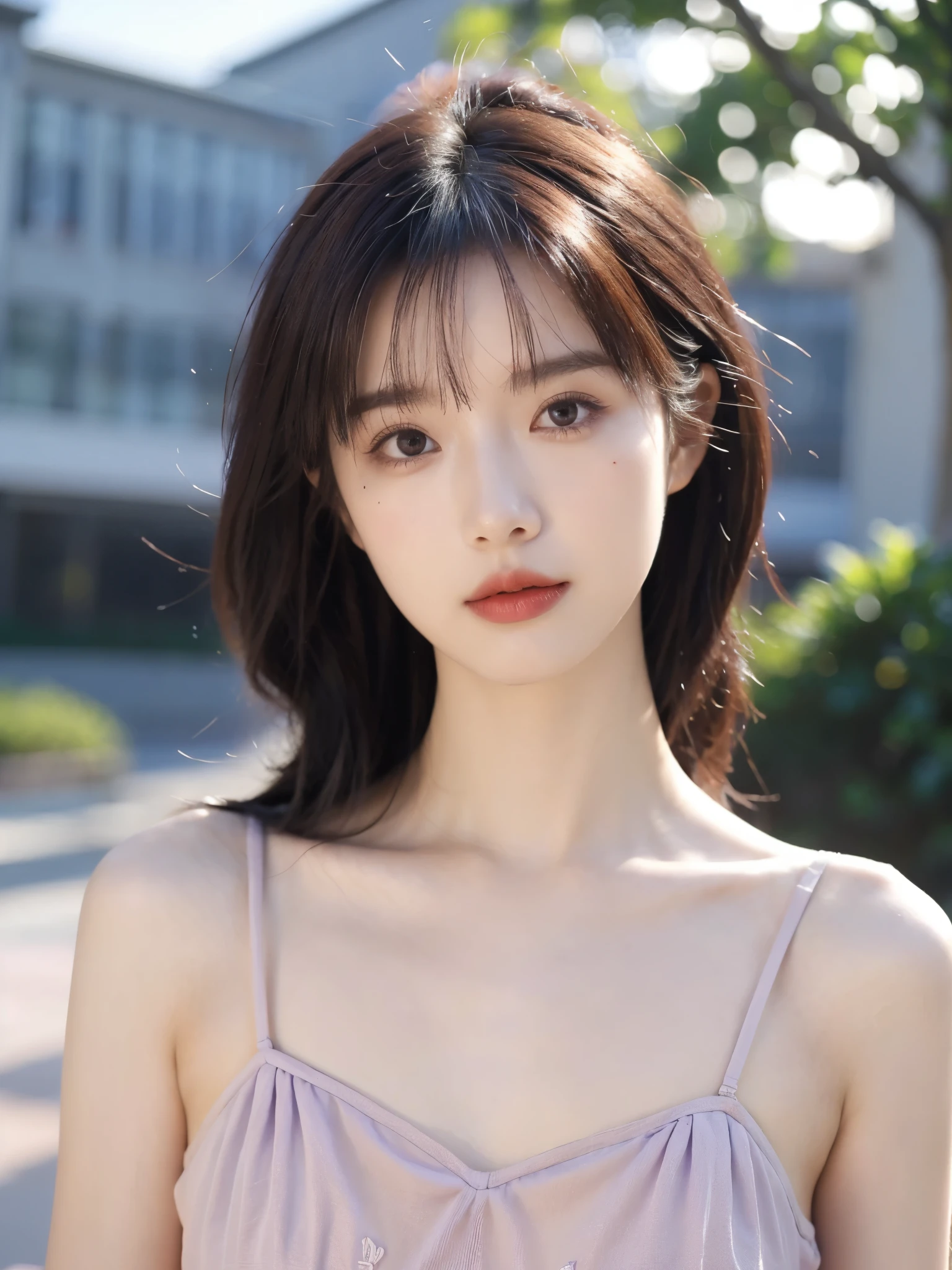 Film Portrait Photography, 1 girl, Bare shoulders,Lipstick,Purple short sleeves,(Bra:1.4),Purple sunlight,( Purple Hood:1.4),Shoulder-length straight hair, serene, calm, (逼真且Detailed眼睛, Natural skin texture, Realistic facial details), Soft dramatic lighting, Depth of Field, Bokeh, Vivid details, Detailed, Surrealism, 35 mm film, hazy, ,