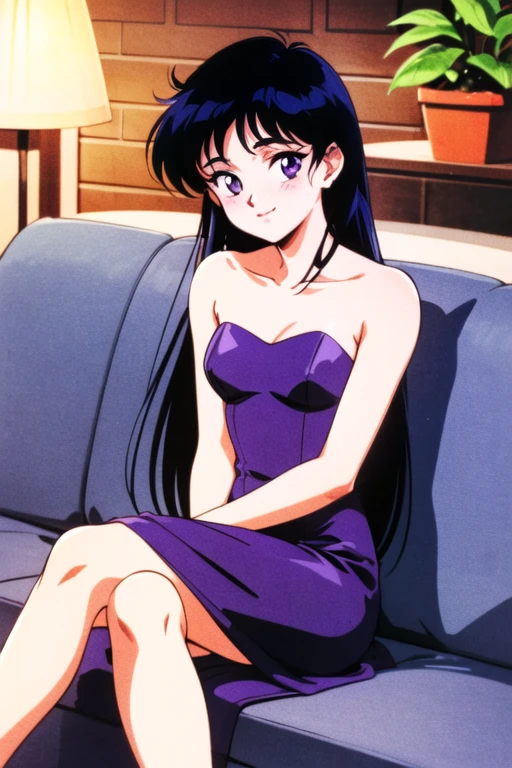 1990s \(style\), Best quality, masterpiece, Teenager, Rei Hino, Long black hair, purple eyes, Smile, Bare Neck, Bare Arms, Bare Shoulders, Strapless, Short Shiny Purple Dress, Purple Dress, Bodycon, medium breast, bedroom, sitting, couch, crossed legs, blush, looking at viewer, indoor, in the center